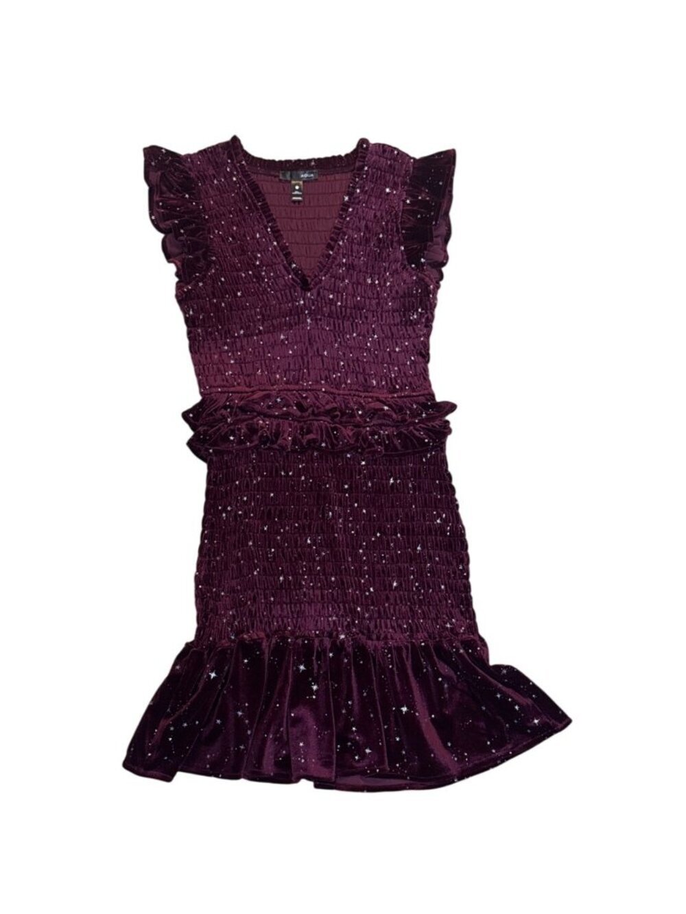 Aqua Starry Velvet Burgundy Mini Dress With Ruffle Trim XS 100% Polyester